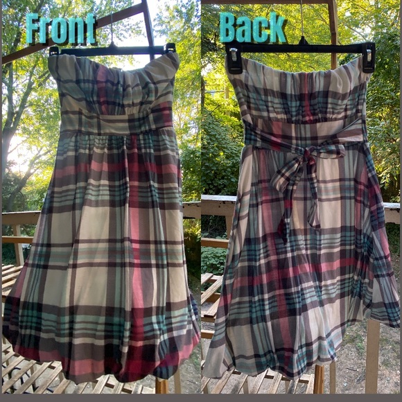 ⭐️Strapless Bubble-Hem, Tie Back Summer Dress, Plaid (American Rag) - Picture 5 of 11